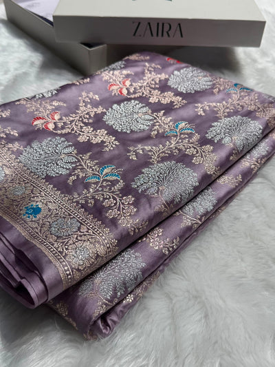 Banarasi Floral Minakari Jaal Pattern in Dusty Lavender Shades Floral Mashru Silk Saree MCS100