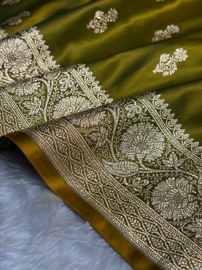 Liril Green Unique Boota Pattern Satin Katan Silk Saree SK68