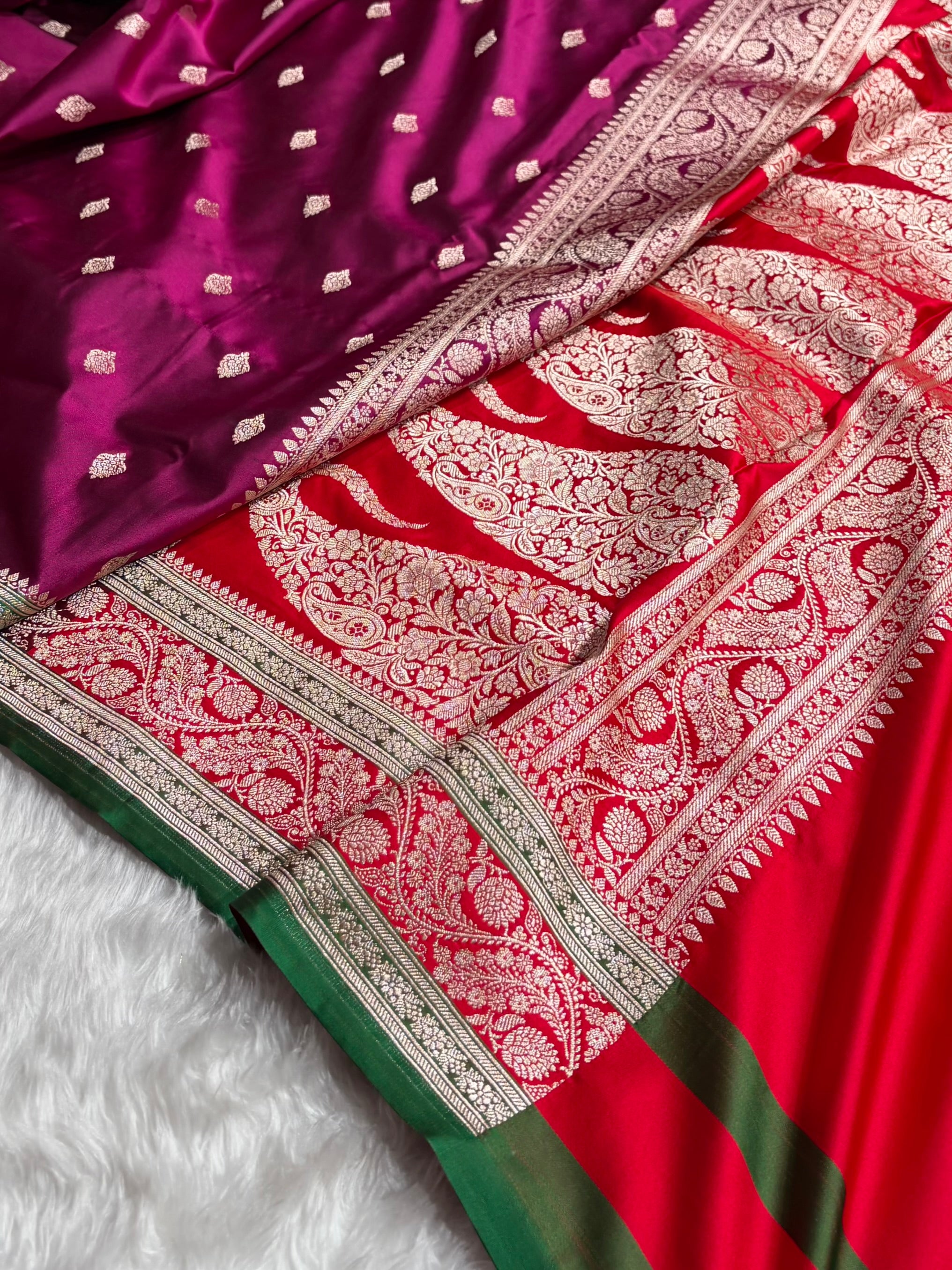 Banarasi Wine With Contrast Red Floral Border Mashru Silk Saree MSM-101