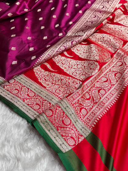 Banarasi Wine With Contrast Red Floral Border Mashru Silk Saree MSM-101