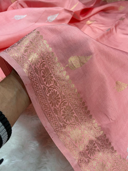 Banarasi Light Peach Shades Boota Handwoven Pure Paper Silk RM-77