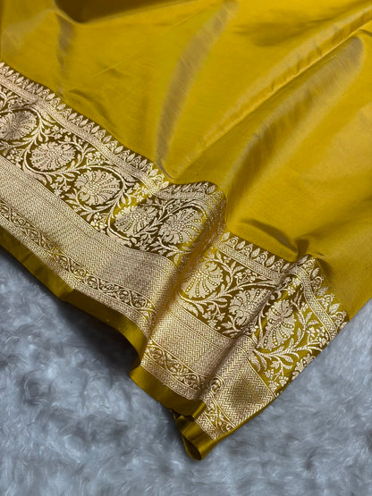 Contrast Pure Banarasi Organza Pista With Mustard Blue Floral Banarasi Silk Saree PO-19