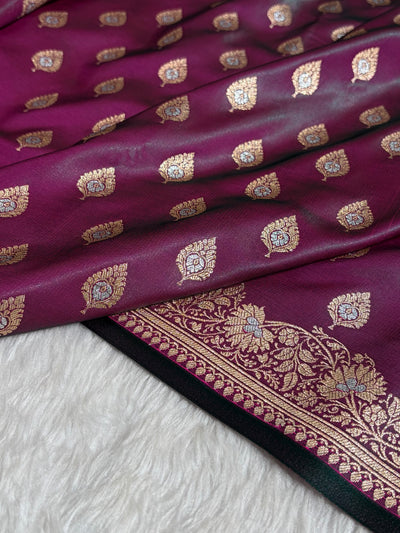 Banarasi Cross Wine Shades Minakari Booti Pattern Banarasi Satin Silk Saree SS60