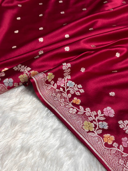 Maroon Shades Minakari Floral Border Booti Mashru Silk Saree MS75