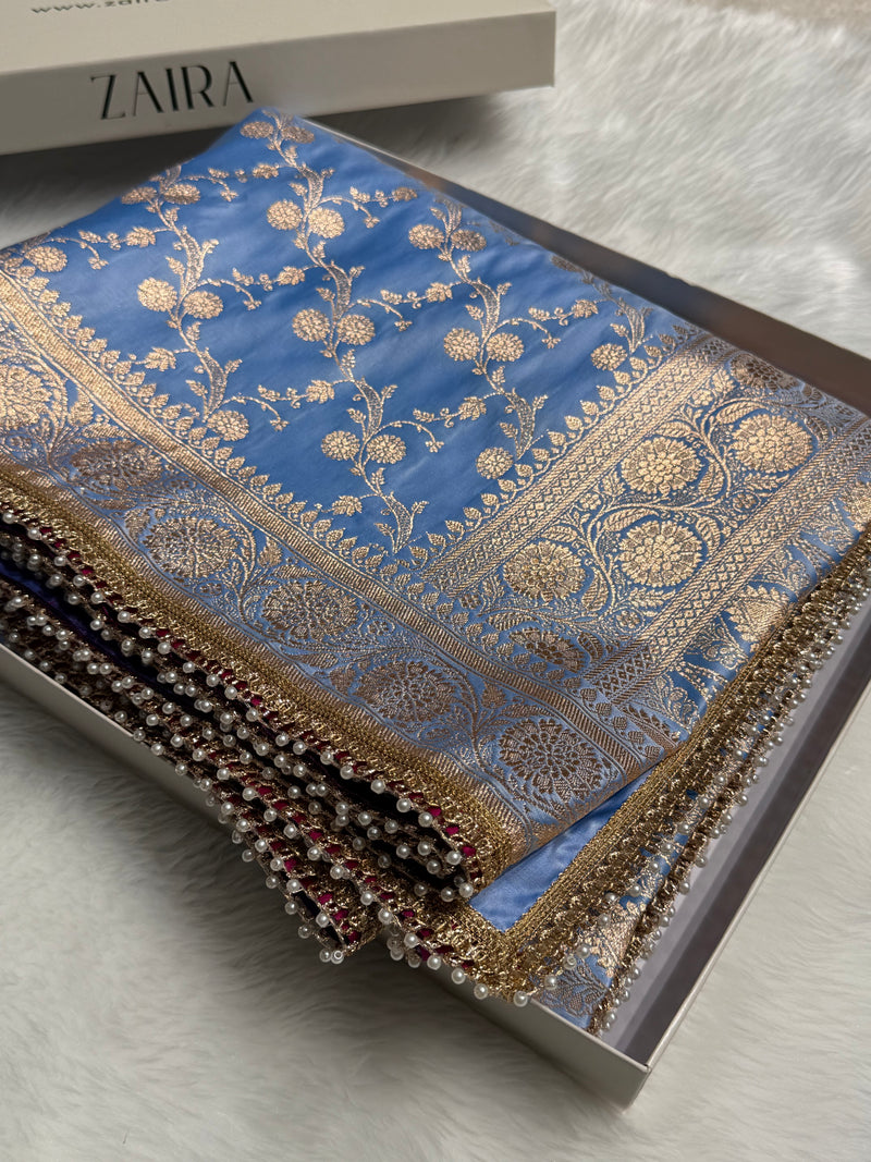 Nile Blue Cross With Gotta Patti Satin Katan Silk Saree SKGP17