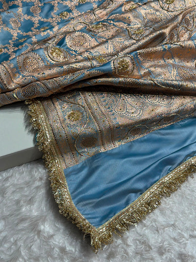 Pastel German Blue Swavroski & Zardozi Work With Gotta Patti Jaal Pattern Satin Katan Silk Saree BSKGP25