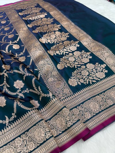 German Blue Jaal Pattern Mashru Silk Saree