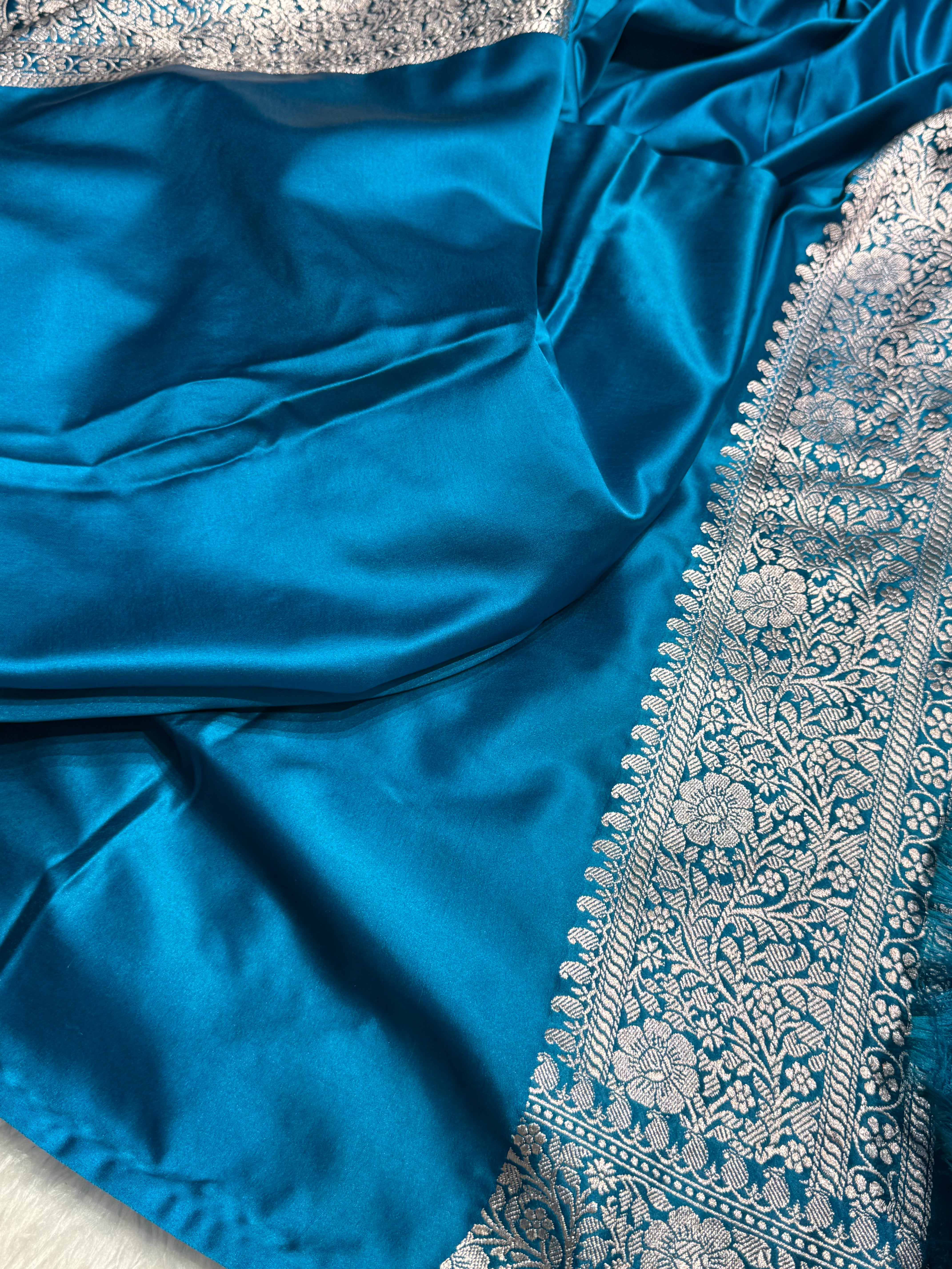 Dusty German Blue floral Booti Mashru Silk Saree