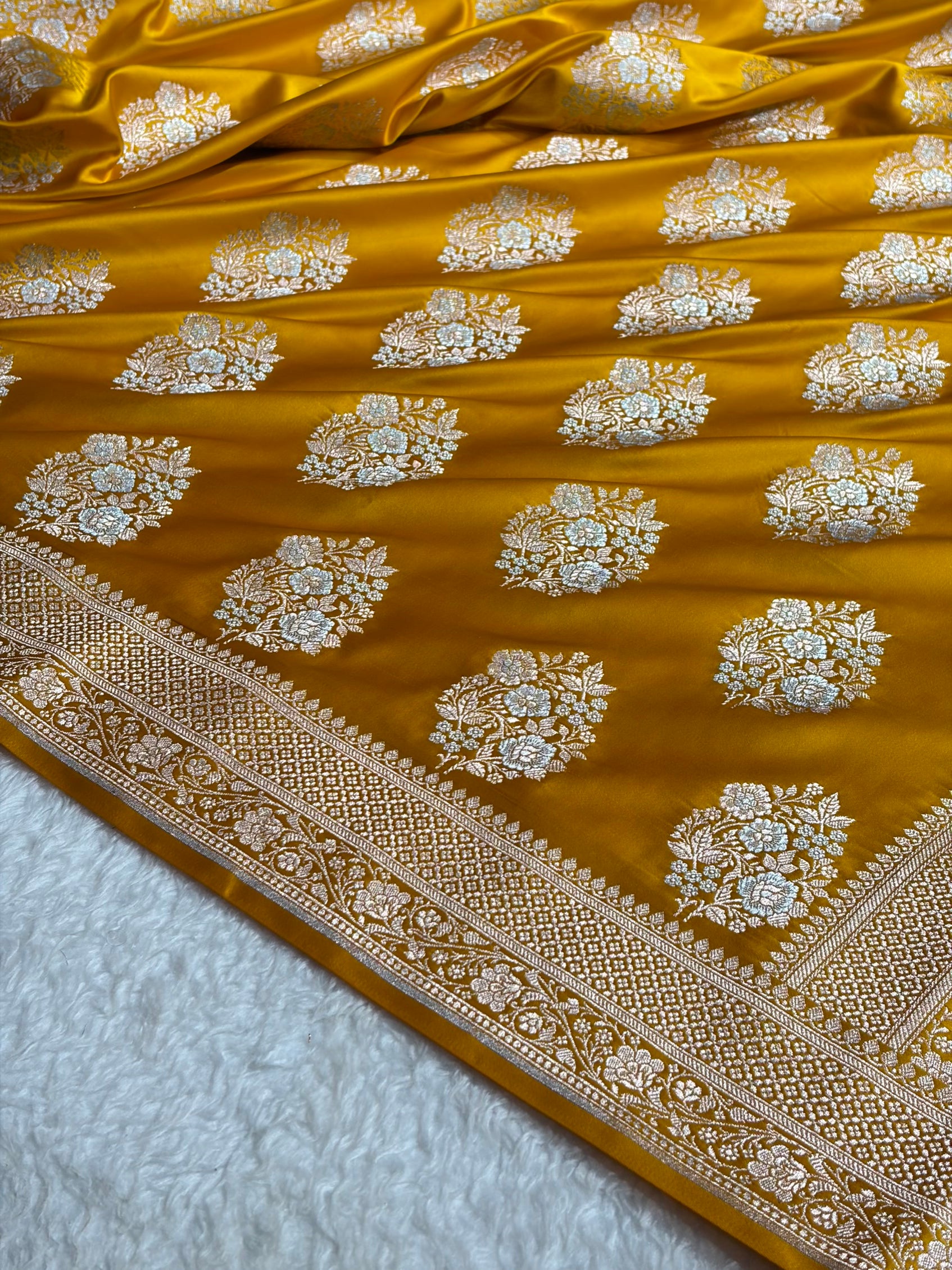 Premium Banarasi Satin Katan Saree With Minakari Boota in Mustard Shades SK93
