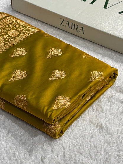 Banarasi Satin Katan Saree With Boota in Liril Mehendi Shades SK98