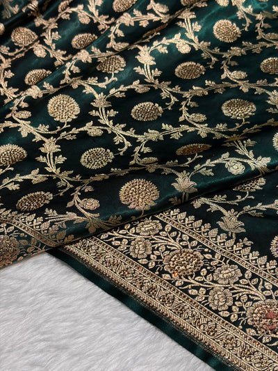 Dark Bottle Green Swarovski Work Jaal Pattern Satin Silk Saree BSS15