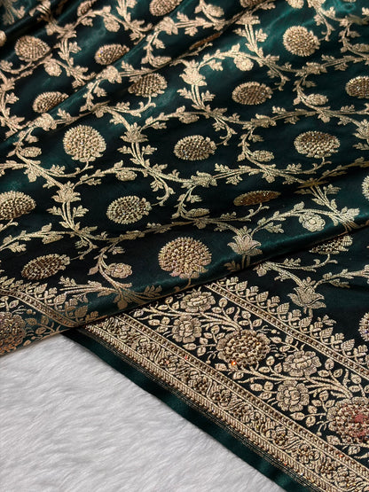 Dark Bottle Green Swarovski Work Jaal Pattern Satin Silk Saree BSS15