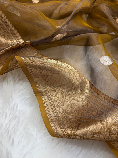Dark Mustard Bananasi Floral Shades Pure Tissue Silk Saree PT-38