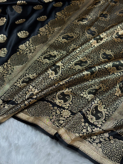 Black Unique Boota Pattern Satin Katan Silk Saree SK70