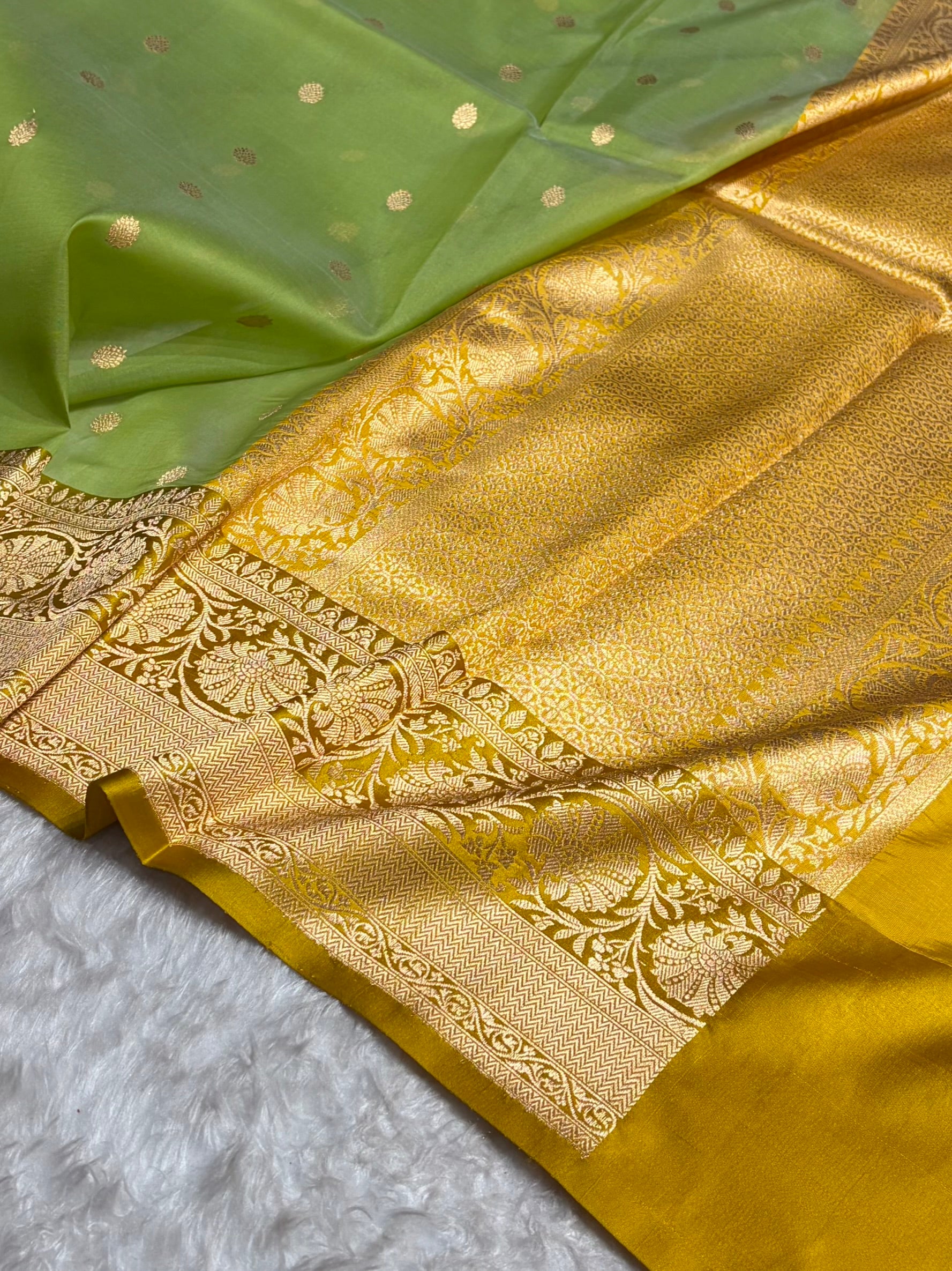 Contrast Pure Banarasi Organza Pista With Mustard Blue Floral Banarasi Silk Saree PO-19