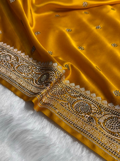 Banarasi Mustard Yellow Shades Booti With Swarovski Stone Work Mashru Silk Saree BMCS10