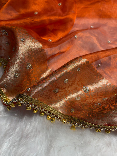 Orange Shades Pure Tissue Silk With Banarasi Swarovski Work Saree X Ghongroo BPGPT-18
