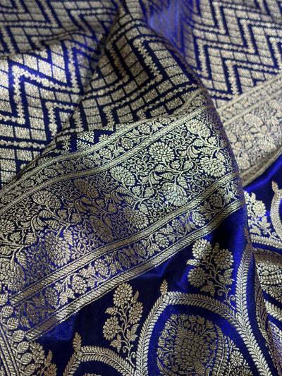 Royal Blue Shades Jaal Pattern Banarasi Satin Silk Saree SS56
