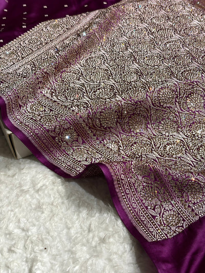 Wine Booti With Swarovski Stone Work Mashru Silk Saree BMCS70