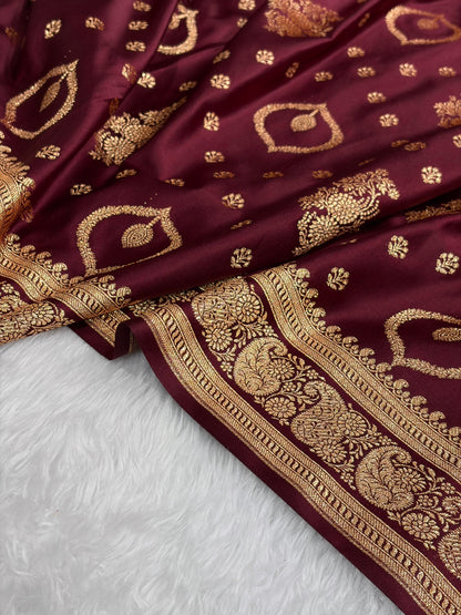 Banarasi Satin Katan Saree With Unique Boota in Chocolate Shades SK92
