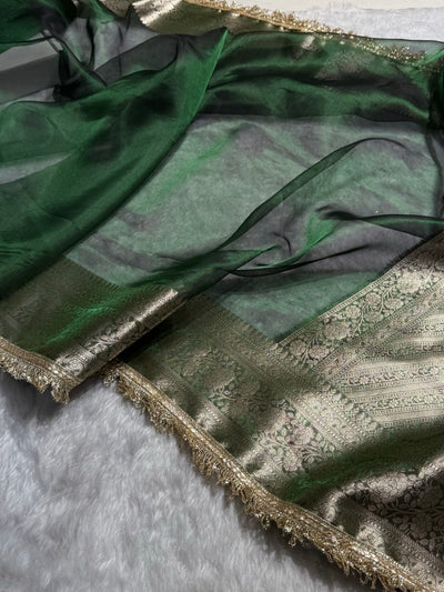 Bottle Green Shades Pure Tissue Silk Saree with Gotta Patti Brocade Blouse PTGP-08