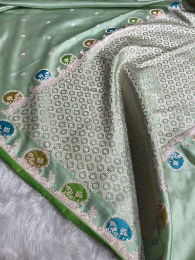 Banarasi Light Pista Shades With Minakari Floral Mashru Silk Saree MCS91