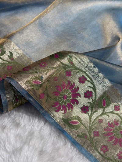Banarasi Powder Blue Shades With Minakari Border Pure Tissue Silk Saree PT-59
