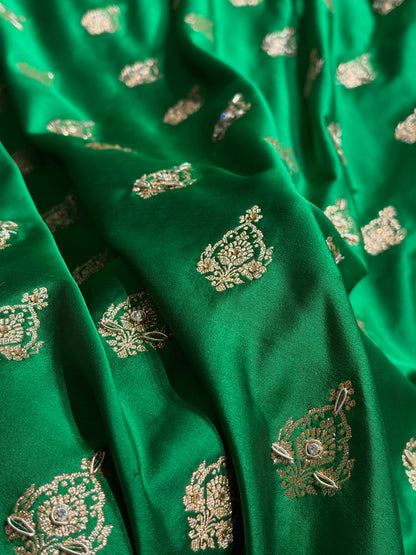 Banarasi Satin Katan Saree With Aari Zardozi Work Boota in Bottle Green Shades BSK98