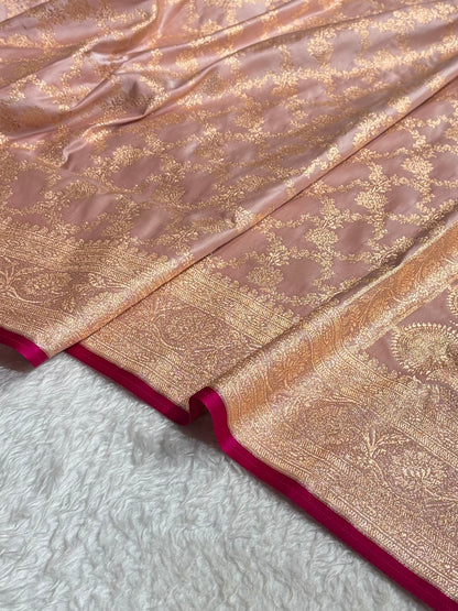 Banarasi Rose Gold Jaal Pattern Satin Katan Silk Saree SK25