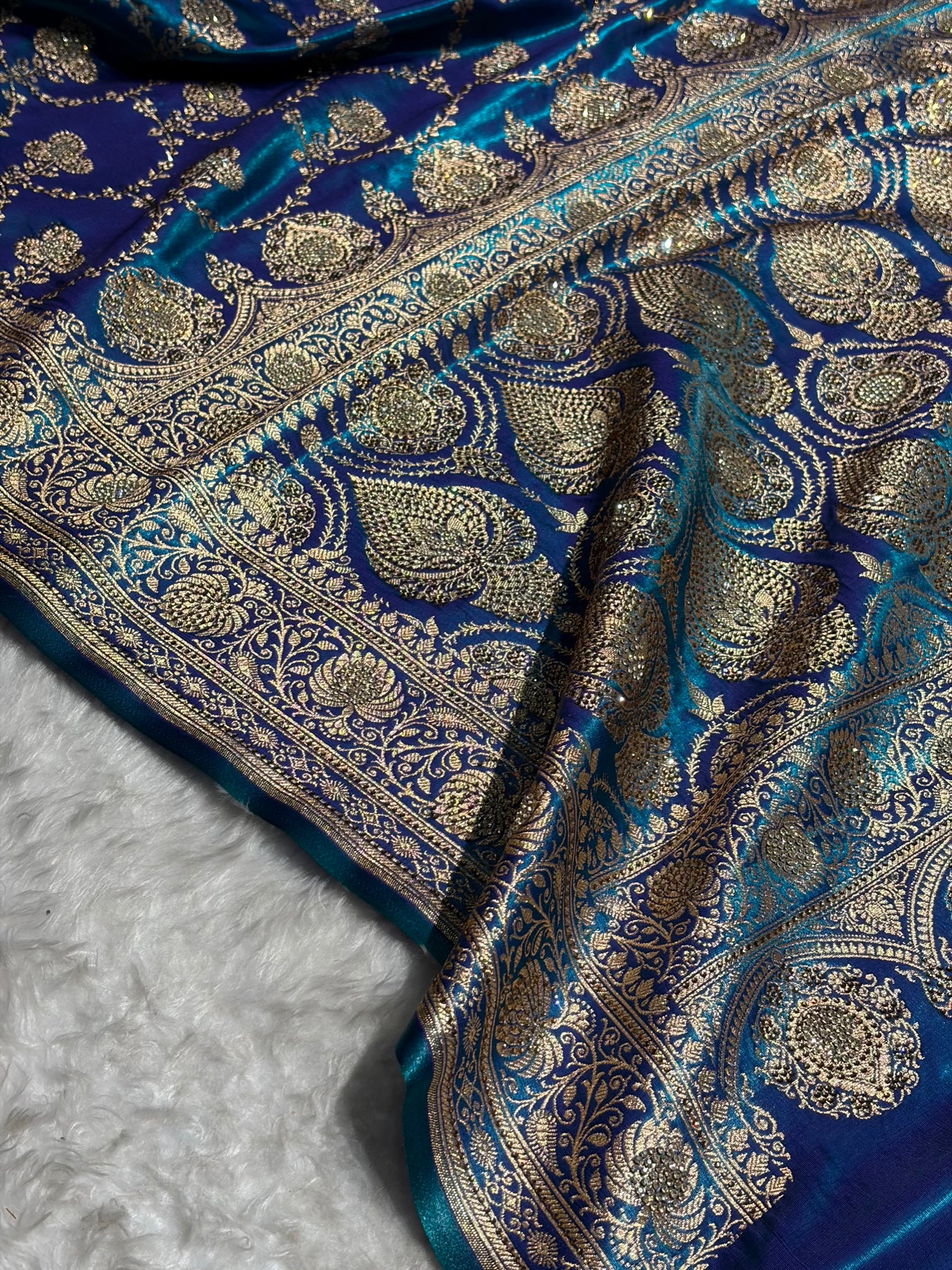 Satin Silk Saree Swarovski Work Jaal in Peacock Blue Shades BSS23 (R)