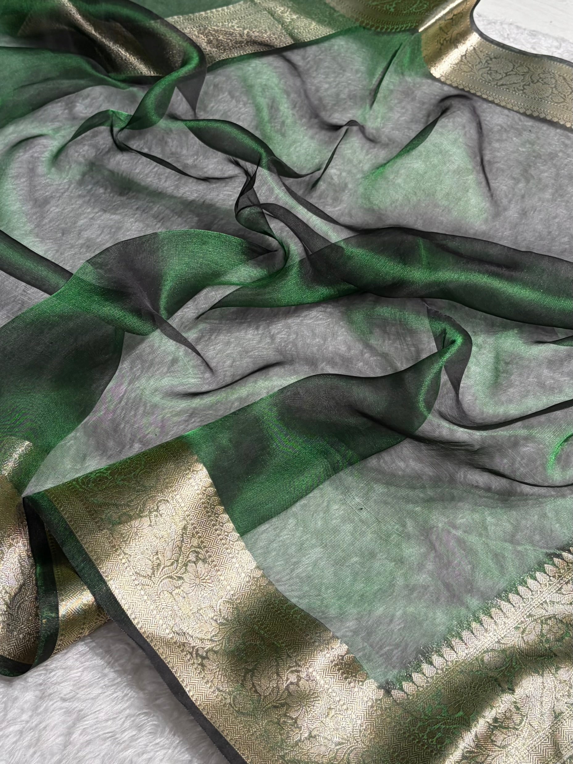 Banarasi Bottle Green Shades Pure Tissue Silk Saree PT-60