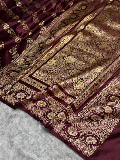 Garnet Floral Banarasi Cross Pattern Satin Katan Silk Saree SK74