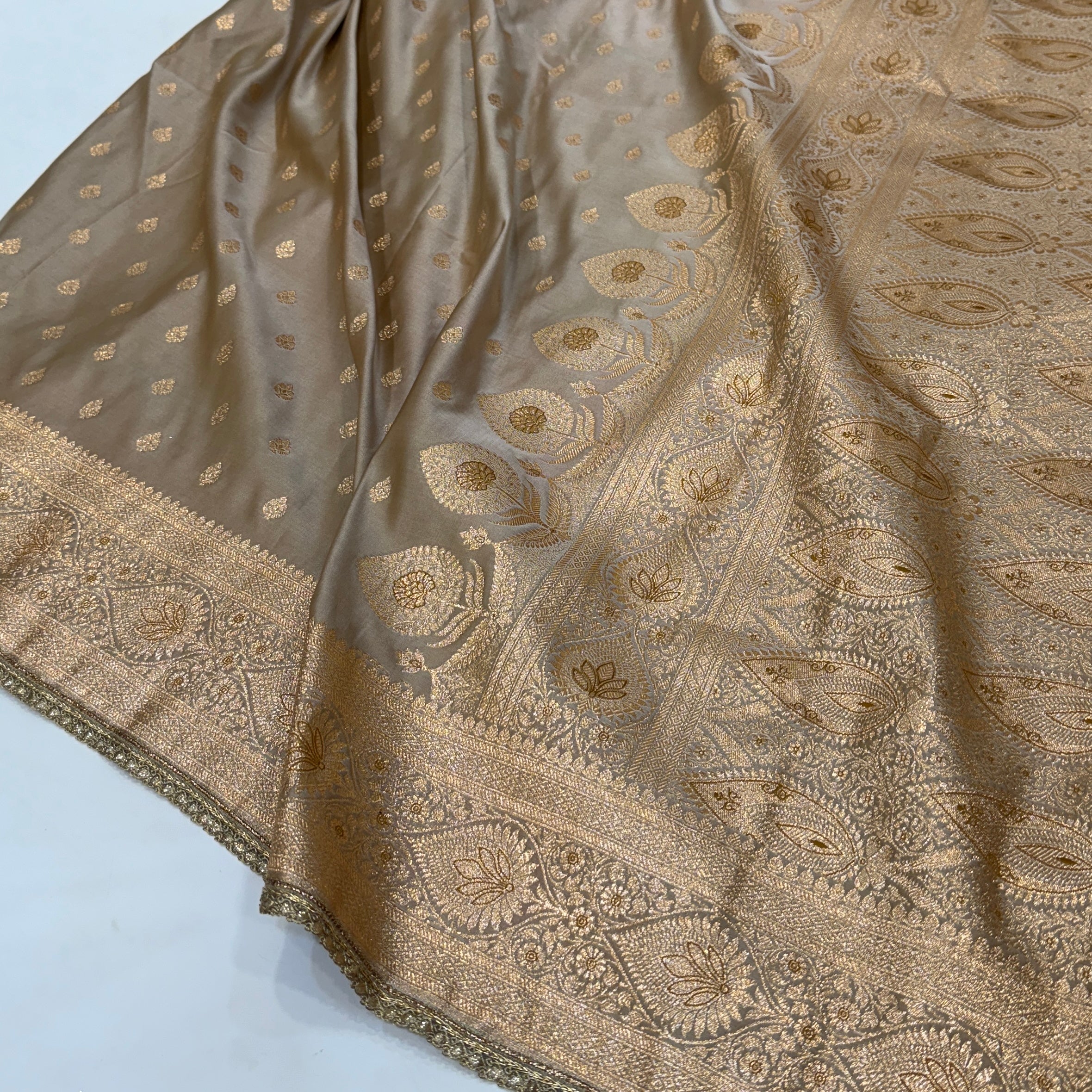 Banarasi Satin Katan Silk Saree In Beige Gold Shades with gotta Patti