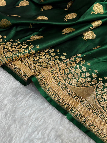Banarasi Satin Katan Saree With Boota in Bottle Green Shades SK111