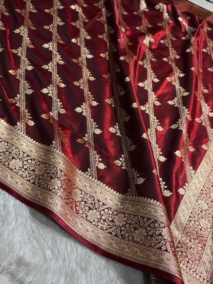 Maroon Shades Cross Pattern Banarasi Satin Silk Saree SS50