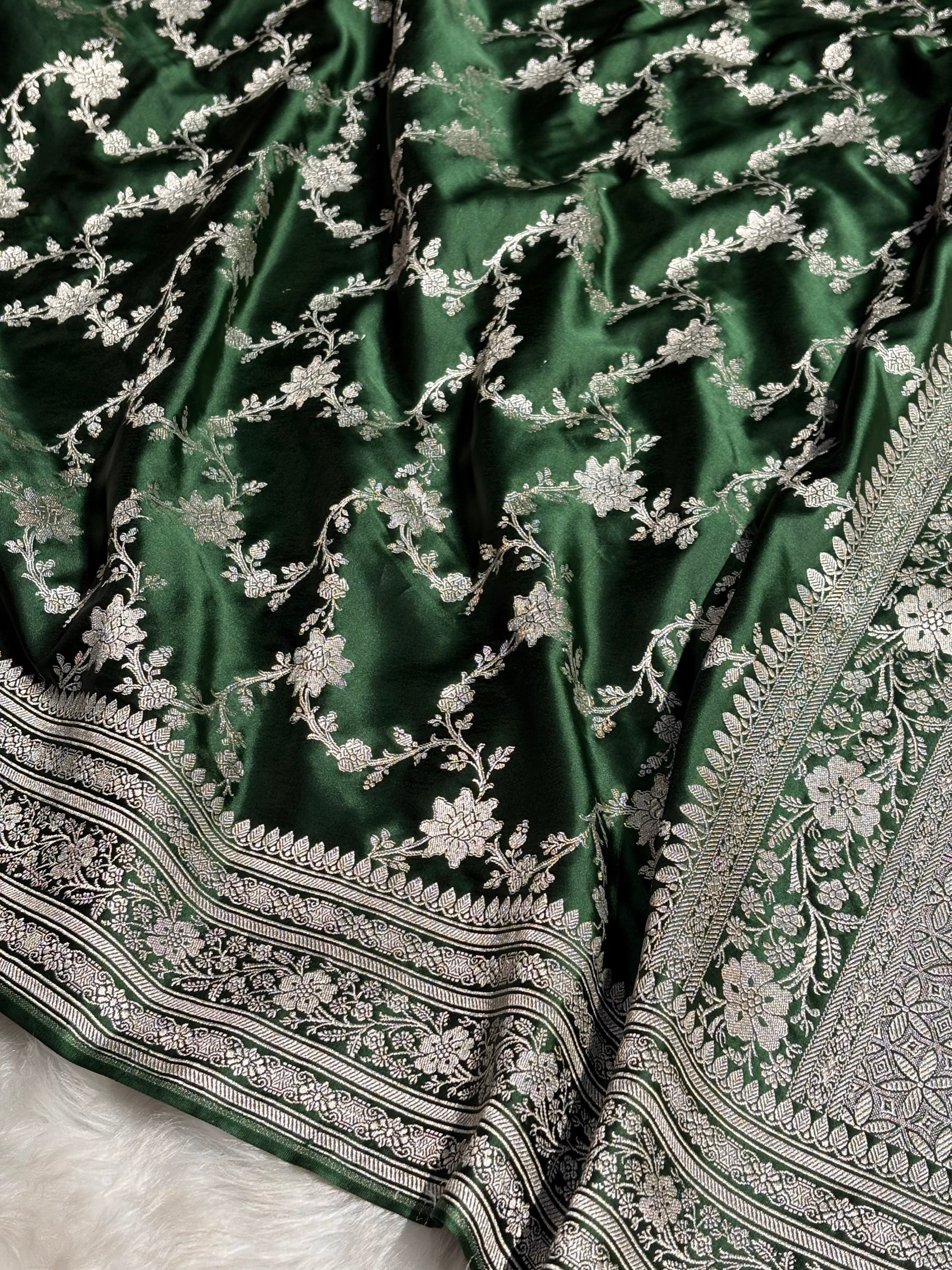 Bottle Green Floral Jaal Mashru Silk Saree