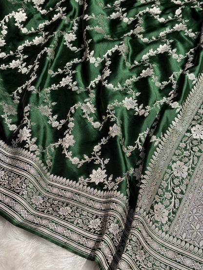 Bottle Green Floral Jaal Mashru Silk Saree