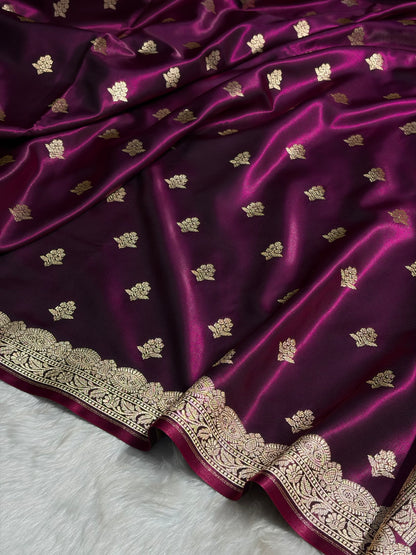 Light Wight Satin Silk Boota in Wine Shades with brocade Blouse SS07