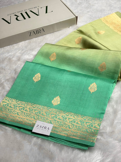 Ombré Sea Green With Pista Shades Meena Boota Handwoven Raw Mango Silk RM-31