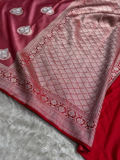 Contrast Baby Pink With Red Minakari Boota Mashru Silk Saree MS35