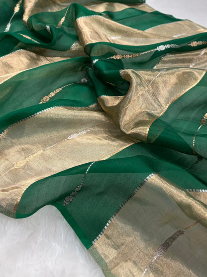 Bottle Green Tissue Organza Bananasi Floral Shades Pure Tissue Silk Saree PT-56
