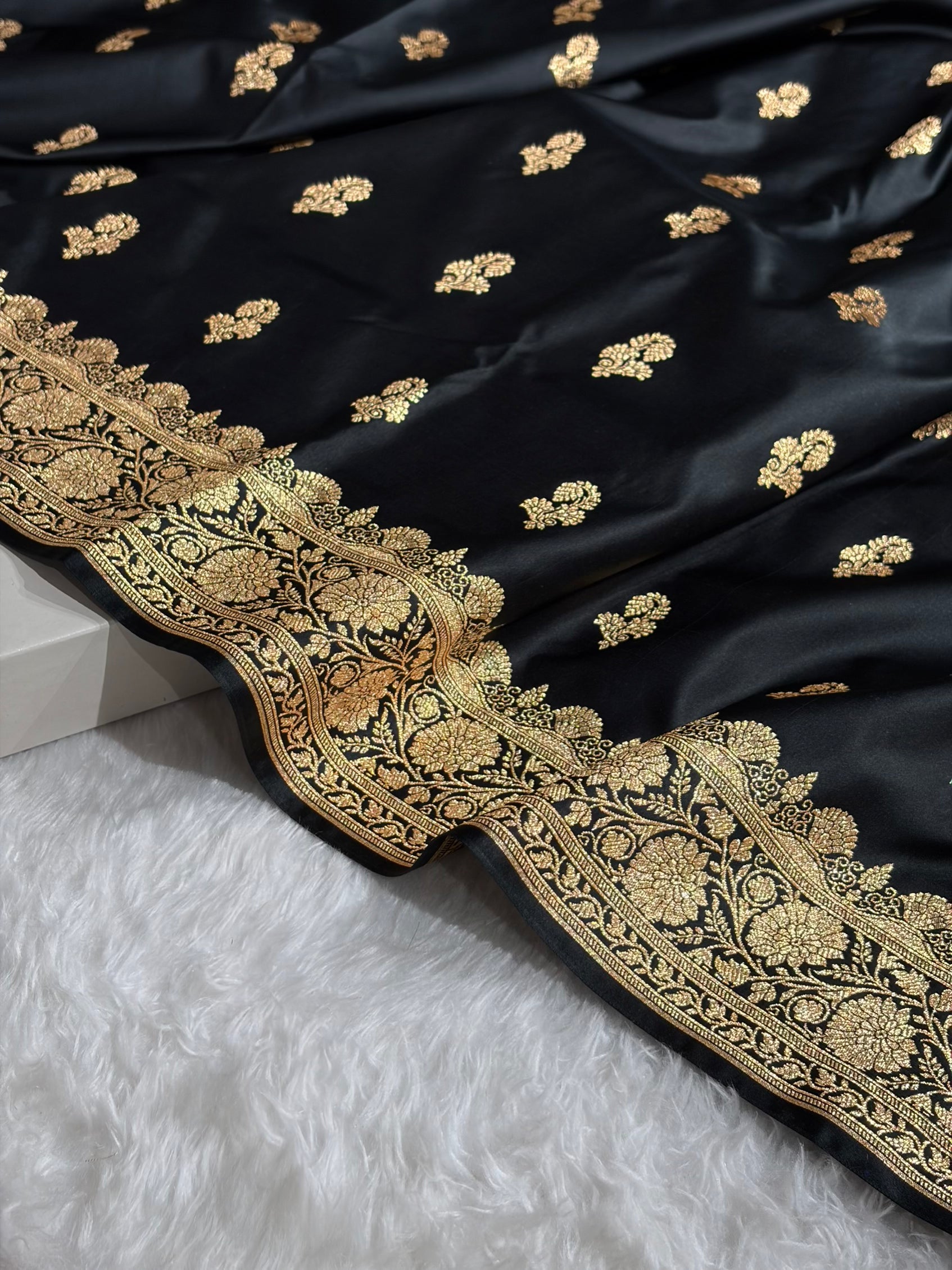 Banarasi Black Shades Floral Booti Motif Satin Katan Silk saree SK61