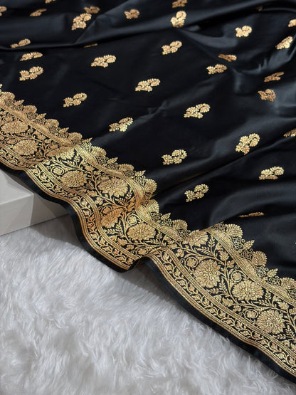 Banarasi Black Shades Floral Booti Motif Satin Katan Silk saree SK61