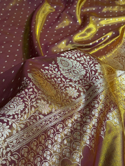 Satin Silk Saree Floral Boota in Magentic Gold Shades SS28