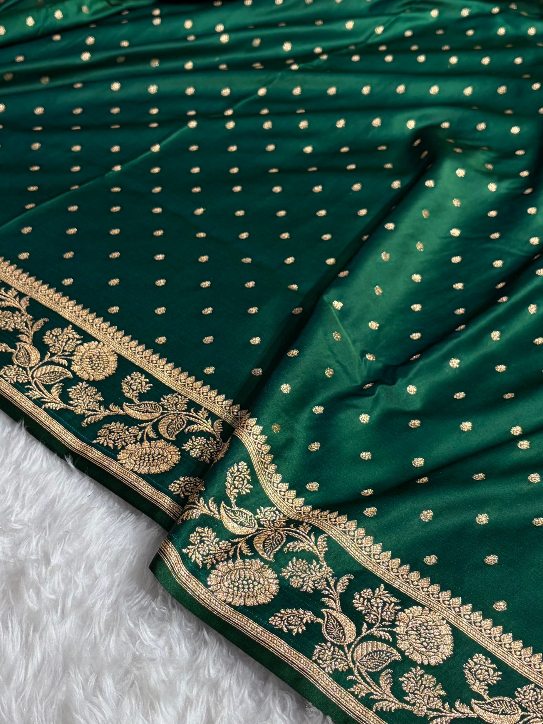 Banarasi Satin Katan Saree With Boota in Bottle Green Shades SK107