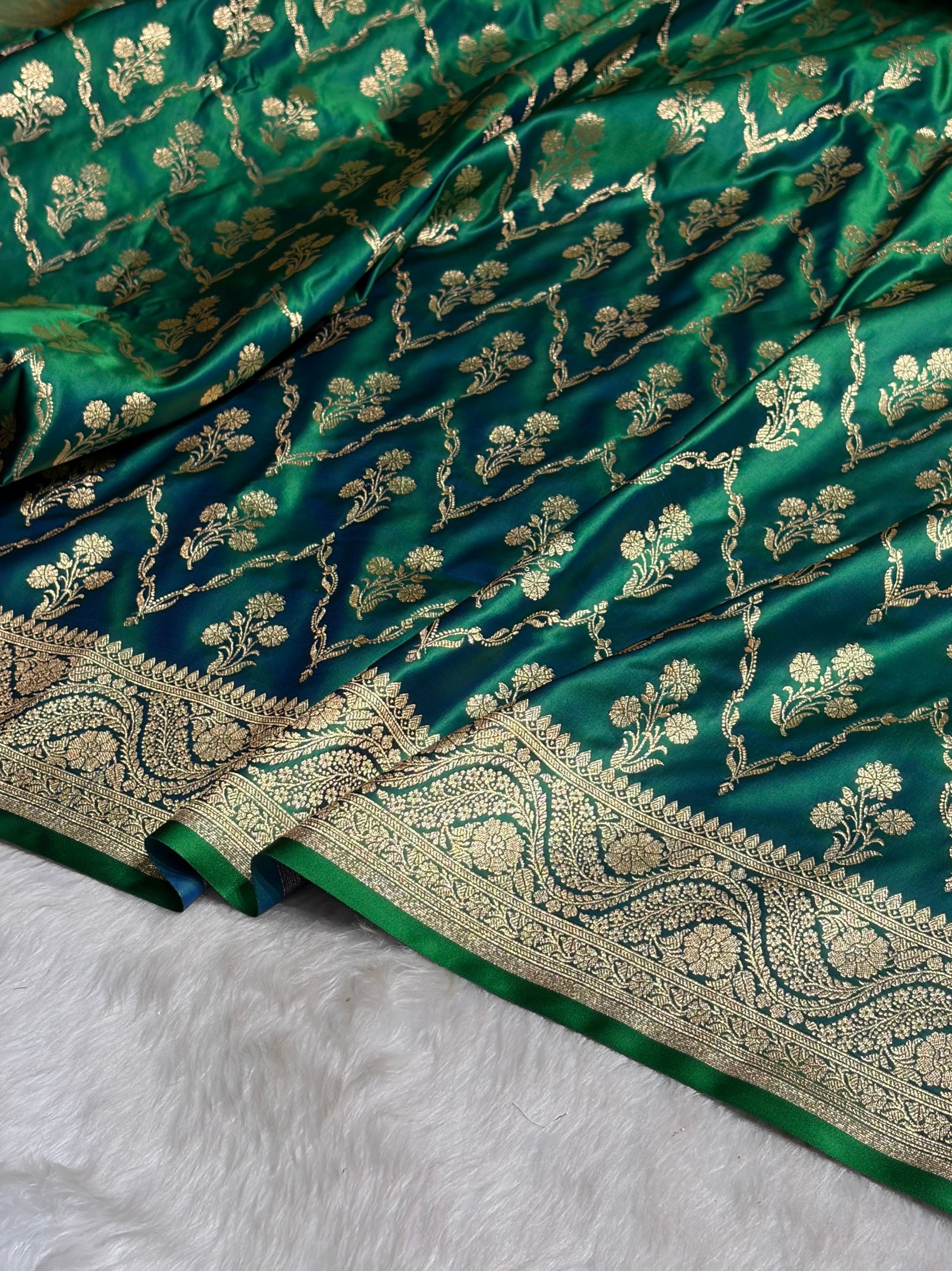 Green Cross with Boota Pattern Satin Katan Silk Saree SK67