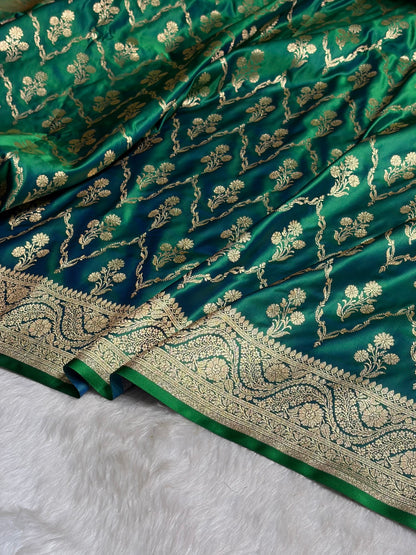 Green Cross with Boota Pattern Satin Katan Silk Saree SK67