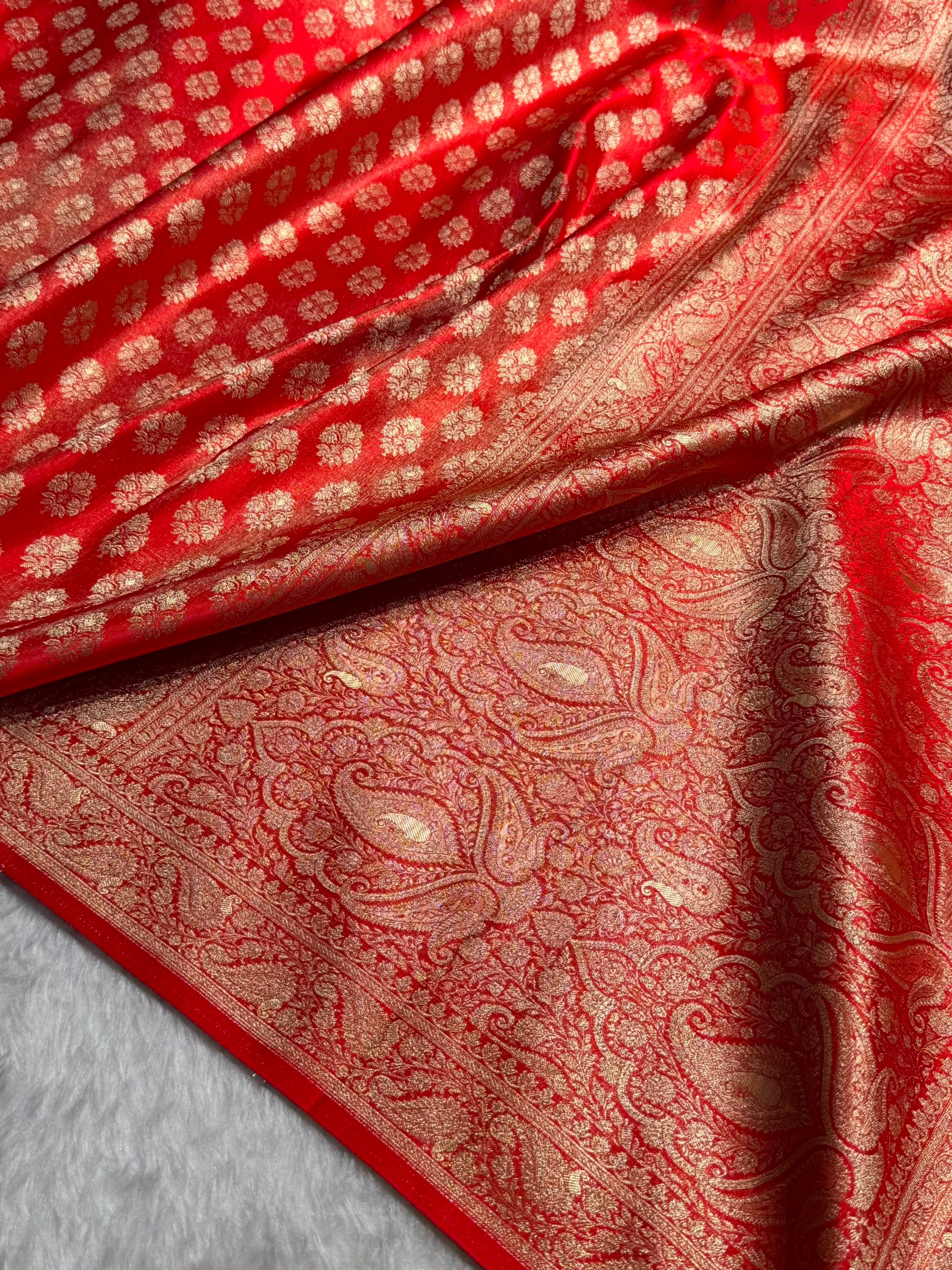 Banarasi Cross Red Shades Satin Tissue Silk Saree In Booti motif ST01