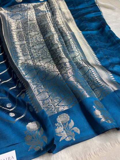 German Blue Meena Boota Caramel Silk Saree CS-03