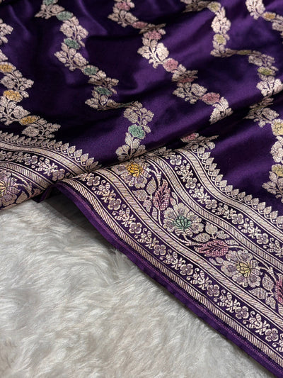 Purple Shades Banarasi Minakari Mashru Silk Saree With Cross Pattern MCS02